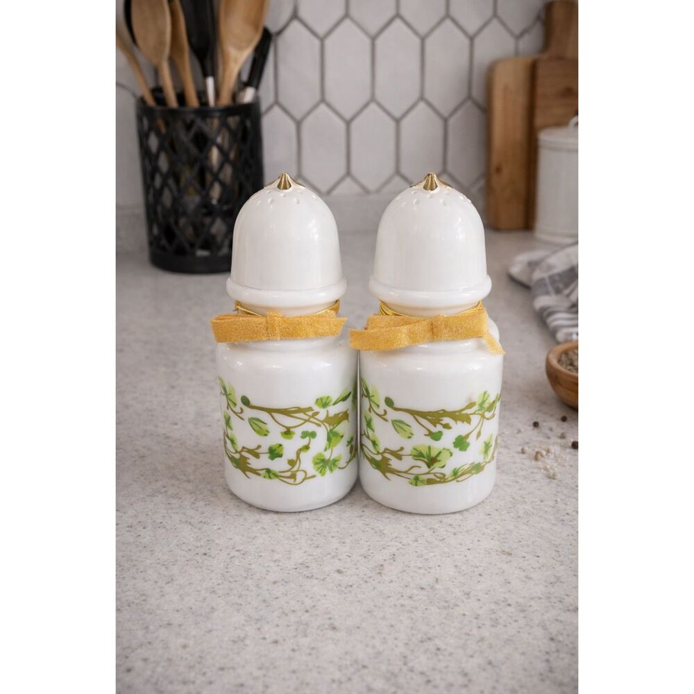 Vintage Milk Glass Salt and Pepper Shakers Green Ivy Vine Cottagecore Farmhouse